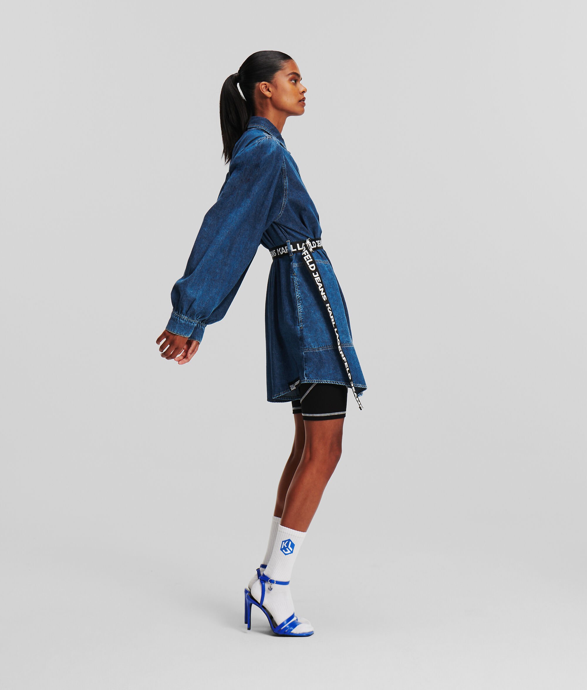 (image for) Cool KLJ BELTED PUFF-SLEEVE DENIM DRESS